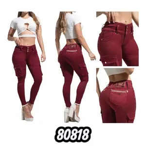 Jeans Cargo Colors Red and Coffe Colombian butt lift jeans with rhinestones, high waist, skinny bootcut design - Women's clothing, Bottoms Push Up Pants