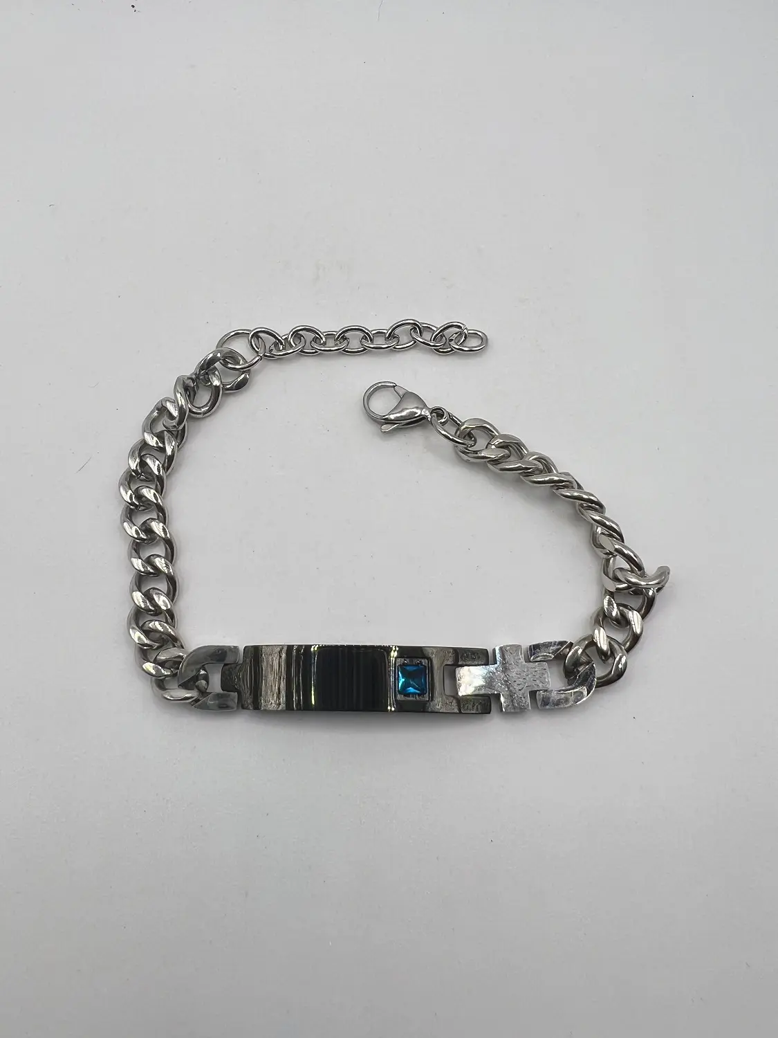 Blue Crystal ID Tag Stainless Steel Bracelet by JW Fashion Jewelry