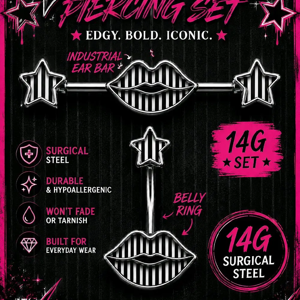 industrial ear bar and belly ring SET