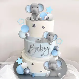 32 pcs elephant cake decoration with mini elephant blue white pearl balls for baby shower boy elephant theme birthday party supplies blue