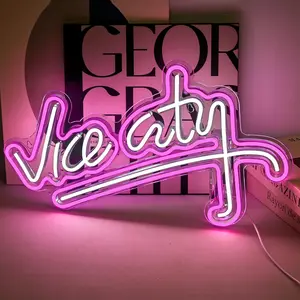 Large Size Vice City Neon LED Sign Wall Decor, Decorative Wall Light, USB Powered Letter Neon Lights for Game Room, Bar, Men's Private Space (18.5x11.4 Inches)