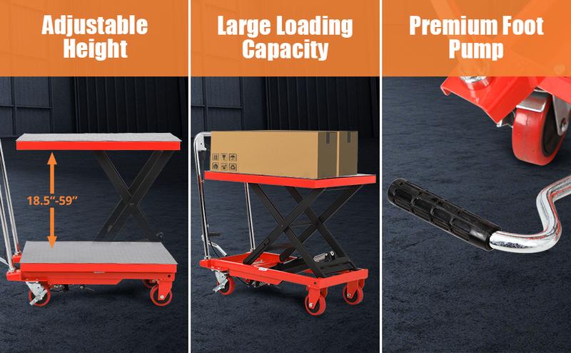 GARVEE Hydraulic Lift Table Cart 500lbs, Lift Table Capacity 28.5 Inch Lifting Height, Manual Single Scissor with 4 Wheels and Non-Slip Pad Thickness 3mm for Material Handling and Transportation