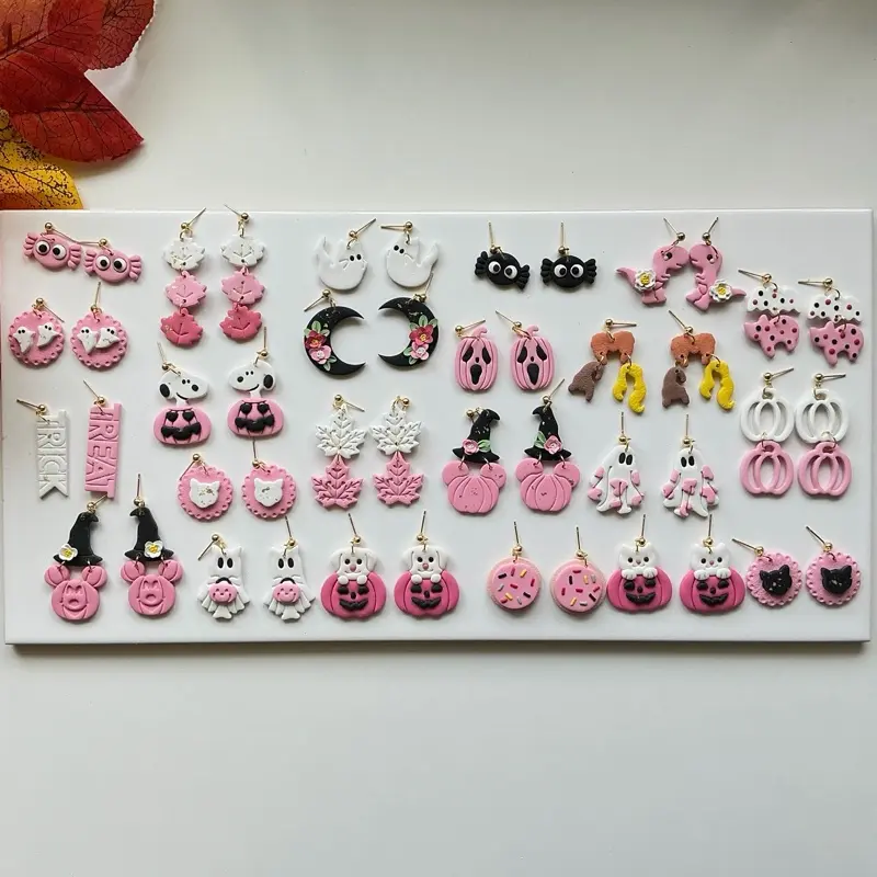 Pink Clay Earrings, 5 Random Pieces, Fall-Halloween Themed Accessories