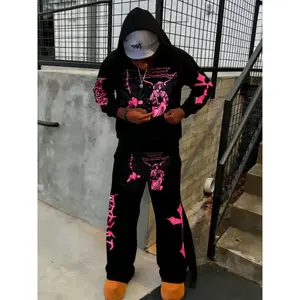 Viral TikTok Edgy Angel Matching Tracksuit Set, Hoodie Sweatsuit Set – Black 2-Piece (Oversized Hoodie + Wide-Leg Pants) With Neon Pink Angel Print & "Do You Believe In Angels?" Text Detail, Soft Cotton Fabric, Oversized Fit, Perfect F