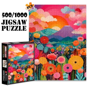 1pc 1000 piece adult puzzle 70x50cm Colorful Flower Field with Mountain and Sunset500 pieces paper jigsaw puzzle suitable for DIY creative games for adults and families, birthday and holiday stress r