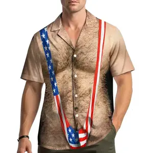 American Flag Funny Hawaiian Shirt Men, Patriotic Chest Hair Illusion Aloha Shirt, 4th of July Button Up, Hilarious Independence Party Outfit