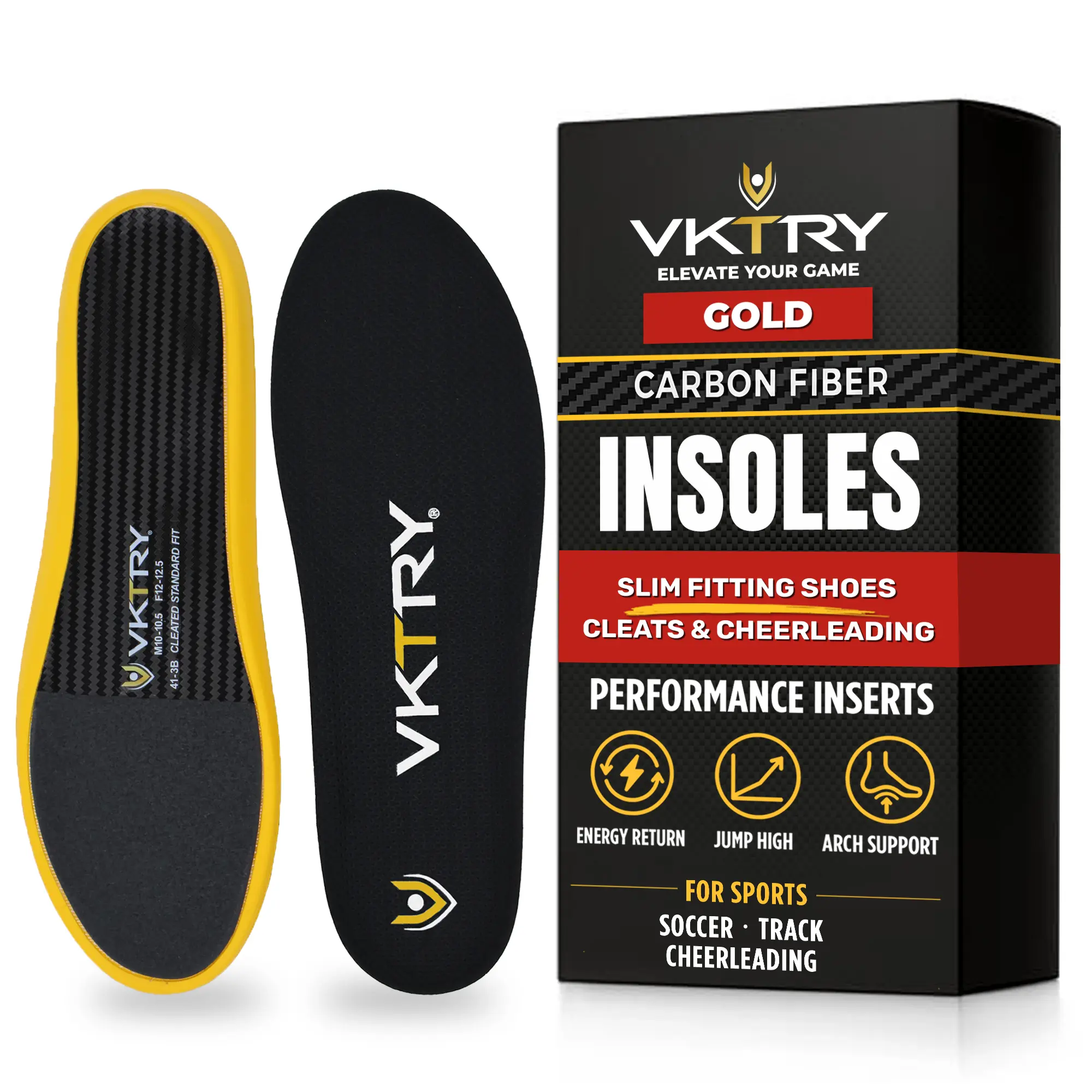 VKTRY Gold Carbon Fiber Performance Insoles - Athletic, Orthopedic, Steady, High Support, Multi-Size Universal Insoles & Heel Liners for Soccer, Cheerleading