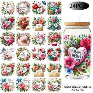 UV DTF Transfer Stickers - 24 Pieces/Set, Happy Mother's Day Theme, UV DTF 16OZ DIY Transfer Stickers Suitable For 16-Ounce Water Bottles, Glass Bottles, Laptops, Home Decor DIY, High-Adhesion Transfer Paper