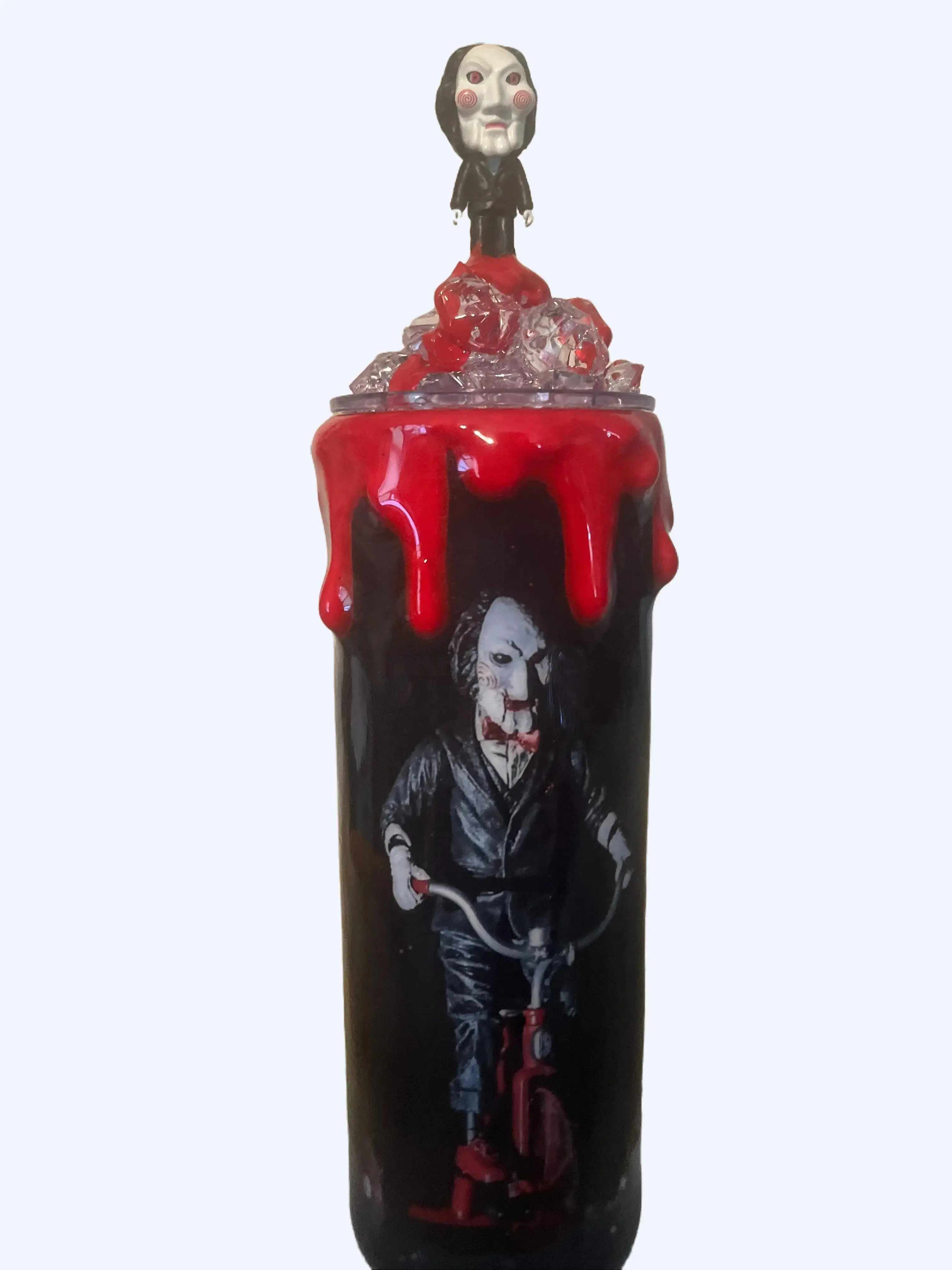 Billy the Puppet Saw-Themed Stainless Steel Water Bottle with Lid Topper, Portable Blood-Design Drinkware Set for Halloween Spooky Touch