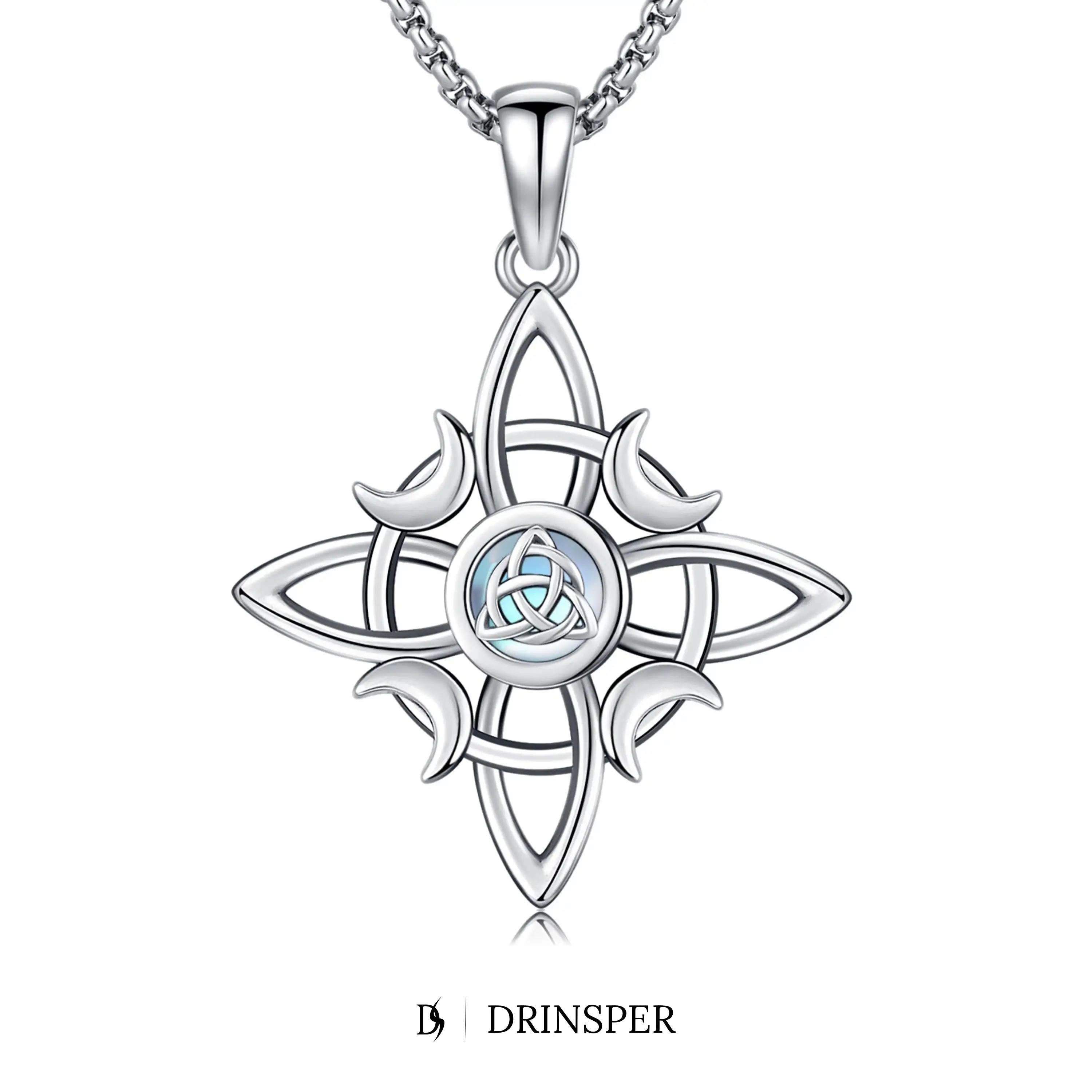DRINSPER S925 Witch‘s Knot Necklace with Moonstone Celtic Knot 925 Sterling Silver Witches Knot Pendant Wicca Moon Irish Celtic Jewelry for Women, Tri