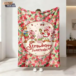 1pc Cartoon Pink Strawberry Girl Printed Flannel Blanket In Multiple Sizes Soft And Comfortable Casual Blanket, Machine Washable