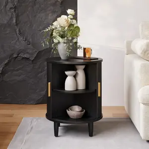 Modern Mid-Century Round Black Color Side Table with Sliding Tambour Door & Storage Shelf, Solid Wood Frame, and Metal Hardware Legs