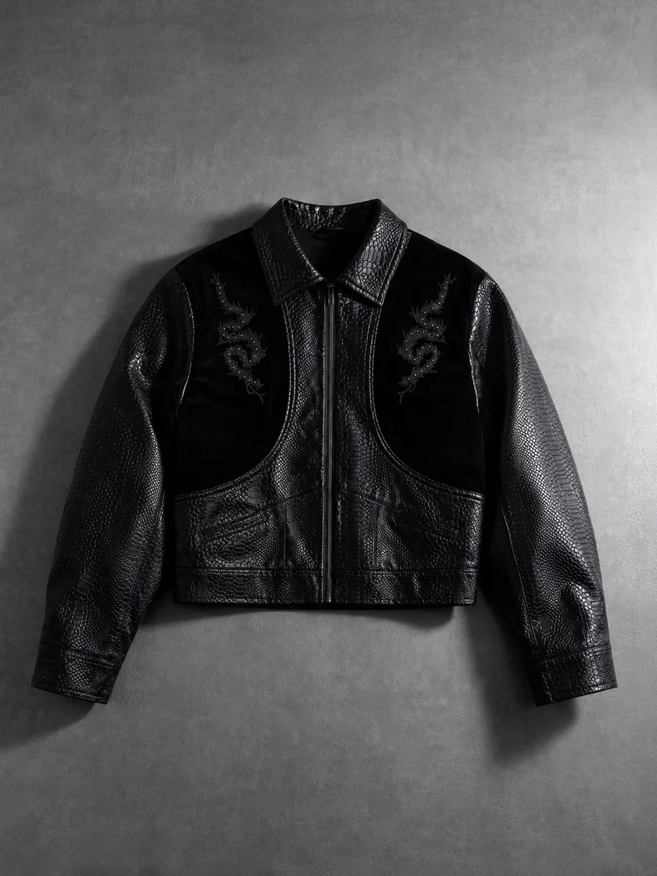 Men Textured Zip Jacket Cropped Structured Fit for Night Out Streetwear, Gothic Biker Style Outerwear, Moto Jacket Alternative with Back Detail