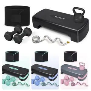 SAKAE Adjustable Aerobic Stepper Kit with Dumbbells & Kettlebell & Weightlifting Belt & Measuring Tape, 2 Level Risers Exercise Step Platform for Home Gym Exercise Fitness Workout, Multiple Colors