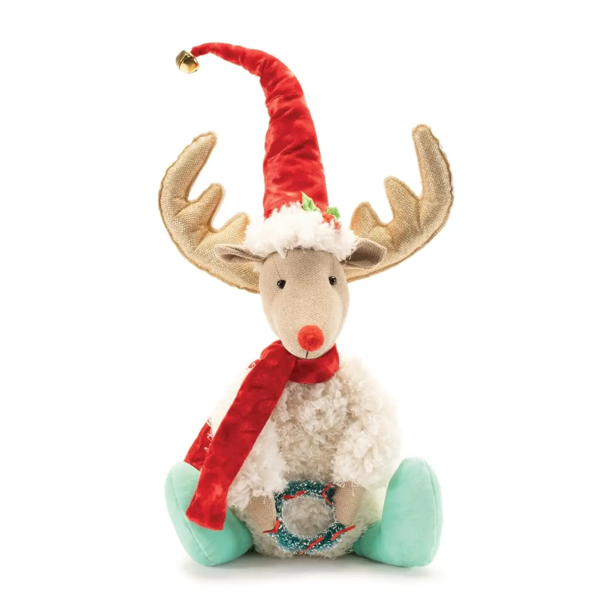 Melrose 95933DS 20 in. Whimsical Plush Toy Reindeer Christmas Decor - Beige, Blue & Red Scarf, Soft Texture, 2.33 lbs, for Festive Home Supplies, Holiday Plush Ornaments