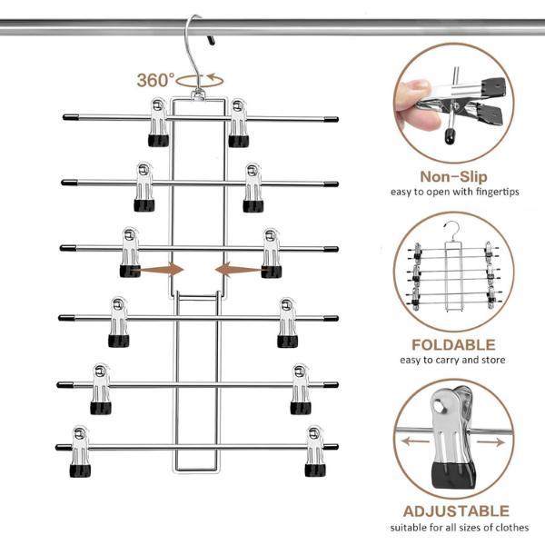 2 Pack 6-Tier Skirt Hangers with Clips, 360° Swivel Hook Metal & Plastic Pants Hangers, Space-Saving Closet Organizer for Skirts, Pants, Slacks & Trouser Storage