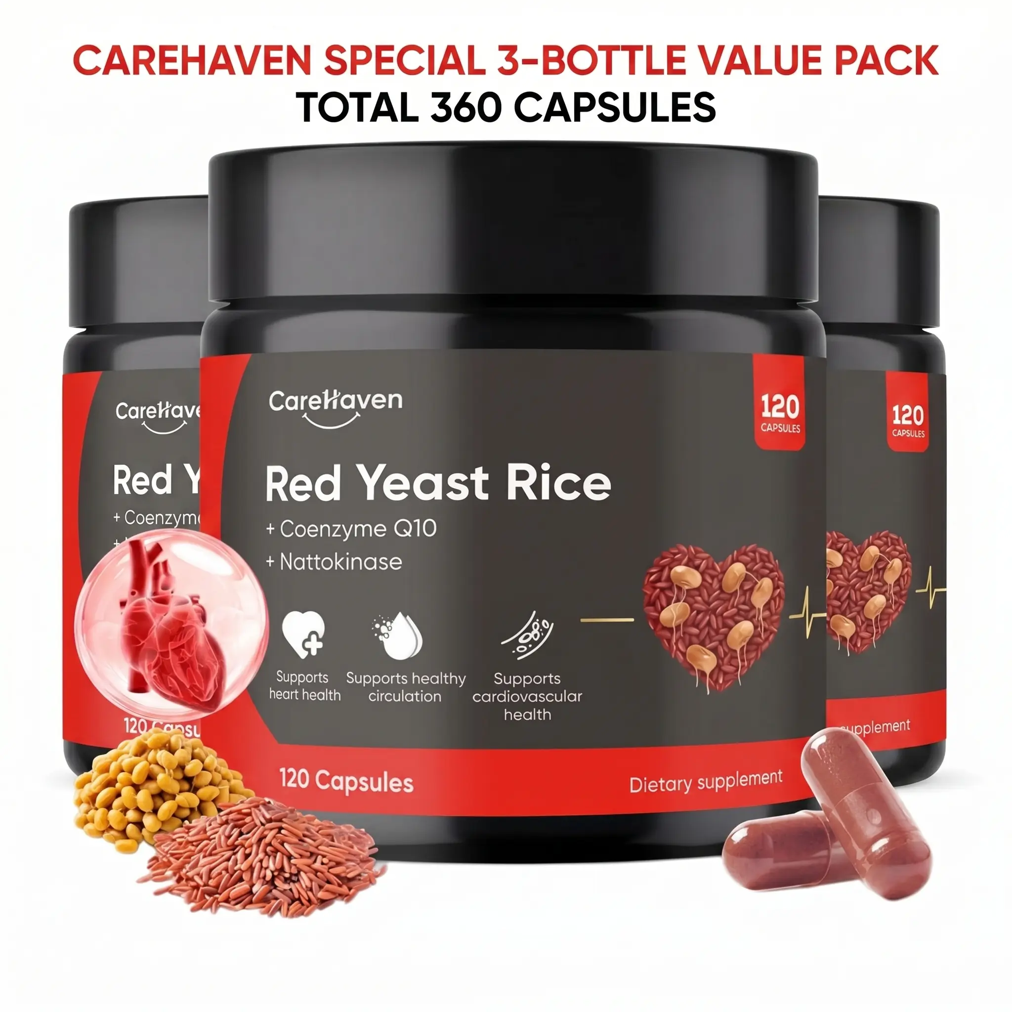 CareHaven Red Yeast Rice Natural Supplements with Nattokinase & CoQ10 - 120 Citrinin-Free Capsules, Ambient Bottle Set with Lid, for Adults, Natural Herbs Lifestyle, Cardiovascular Health & Cholesterol Management Aid, Non-Toxic Support