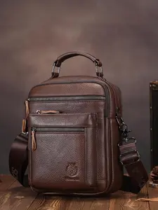 Men's Casual Plain Zipper Crossbody Bag, Fashionable Leather Shoulder Bag for Daily Used, Durable Metal & Polyester Lined Bag for Men, Zippered Sling Bag