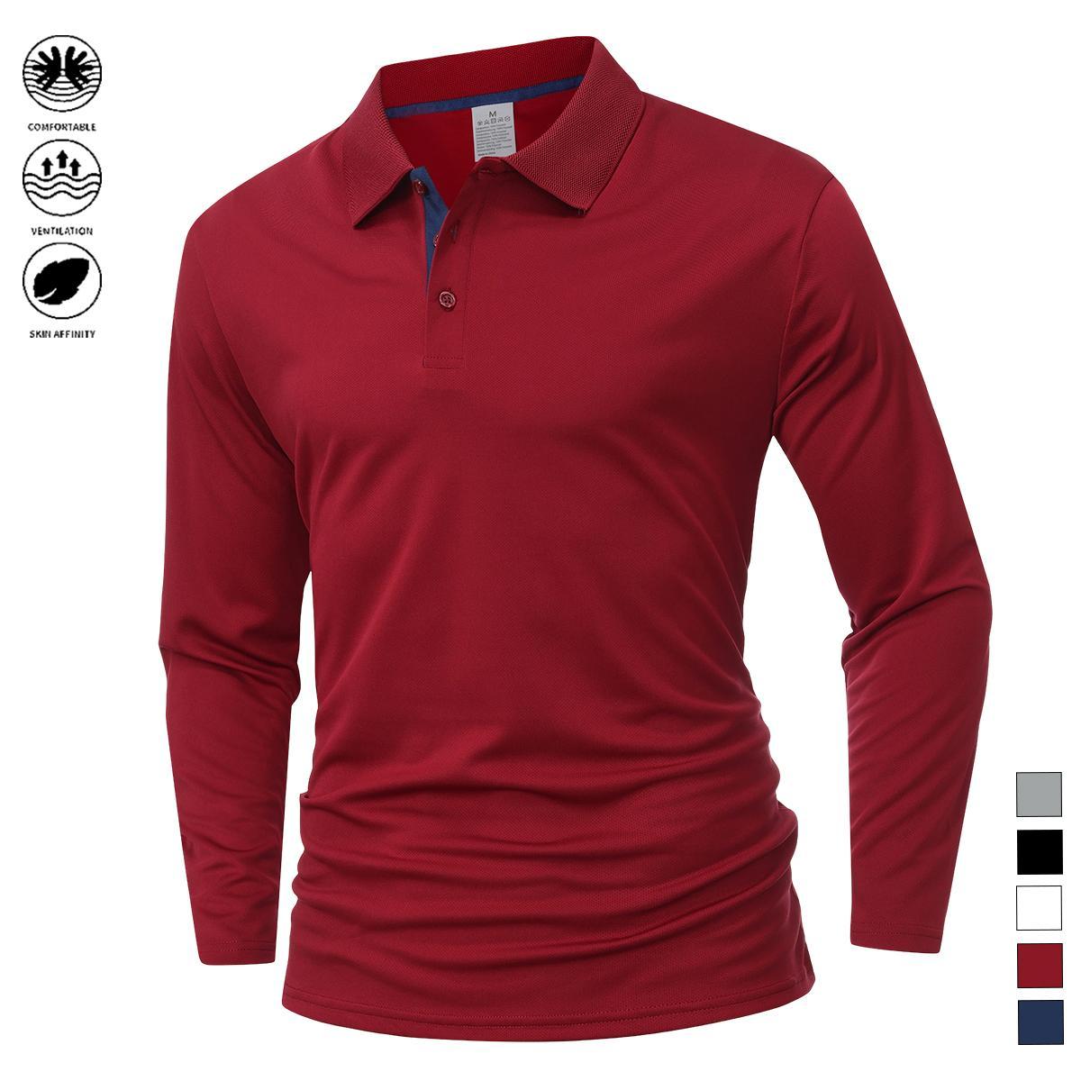 Men’s casual long-sleeve quick-dry polo shirt suitable for golf and tennis; comfortable cycling apparel with a stylish color-block design at the collar and cuffs—a great gift for him. Plain