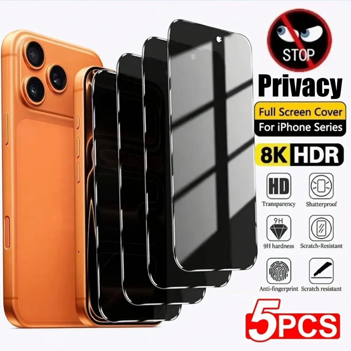 5-piece anti-peep privacy screen protector suitable for iPhone 16 17 Pro Max 15 13 14 12 11 and Air Pro Max. Privacy tempered glass screen protector, includes 3 lens covers, full privacy protection, and anti-peep camera lens protection. tiktokshopspringgl