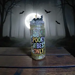 Spooky Vibes Only Shaker Tumbler with Floating Glitter & Custom Topper for Halloween Party Drinkware Cup