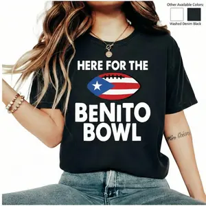 Cotton Here For The BENLlTO Bowl Tee Puerto Rico Flag Football Graphic Unisex T-shirt Summer Casual Round Neck Short Sleeves Black