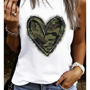 LUNE Summer Casual Camouflage Heart Print Top