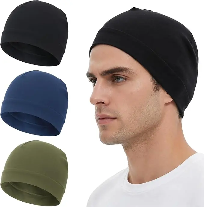 Adults' 3-Pack 100% Cotton Stretch Skull Cap - Solid Classic Colors, Soft, Breathable, Lightweight, Cooling, Universal All-Season Outdoor Hat for Biking, Running, Hand Wash, Hang Dry, 21-23.5 Inches Head Circumference