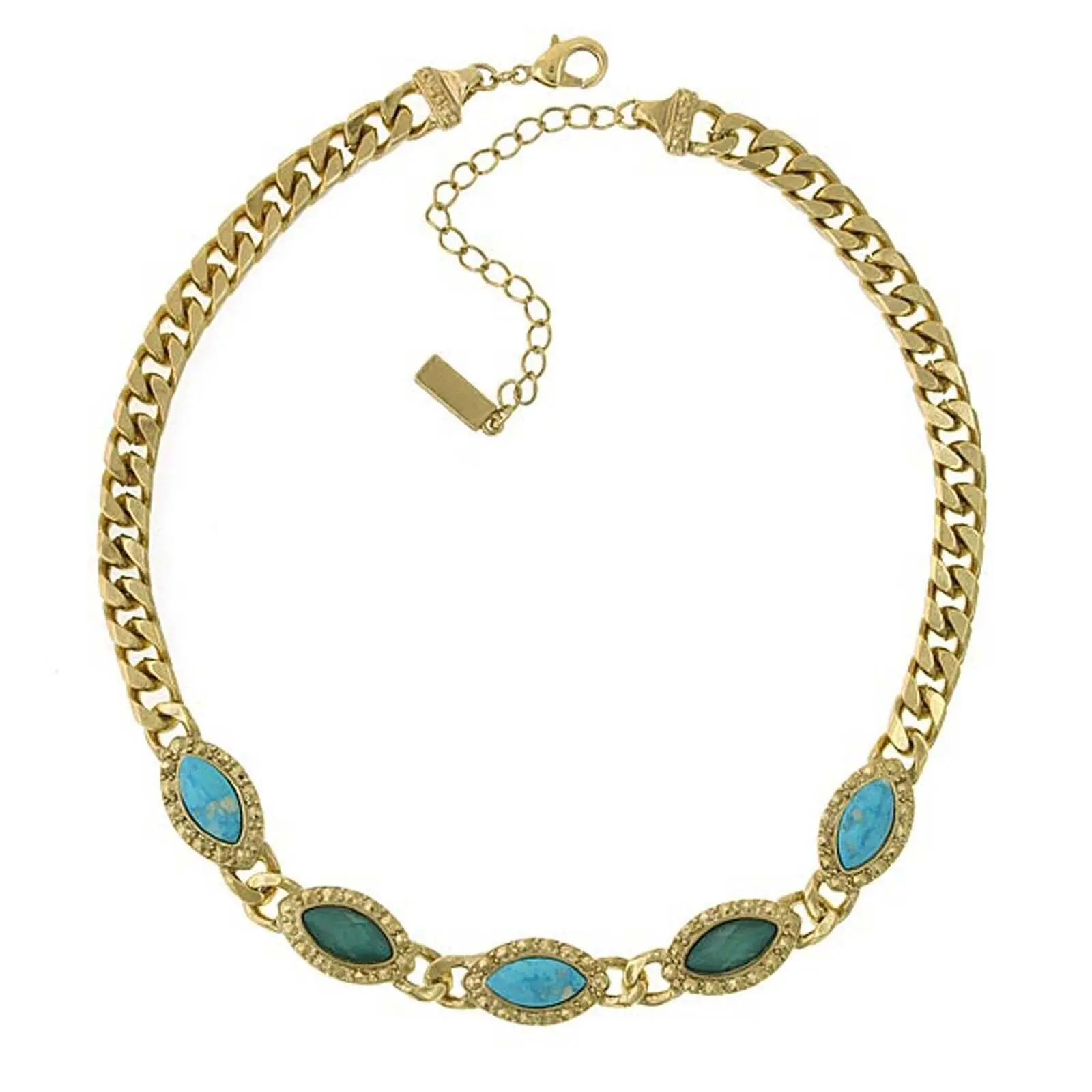 1928 Jewelry Oasis Green & Turquoise Stone Collar Chain Statement Necklace 16" + 3" Extender