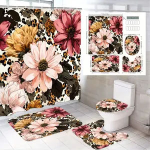 4pcs Bold Floral & Leopard Print Bathroom Decor Set, Includes Shower Curtain, Toilet Seat Cover, Plush Bath Mats, The floor mat fabric is thicker and softer! Perfect for Spring Refresh and Modern Home Interiors