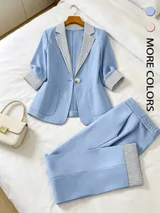 Two piece fashionable and high-end seven quarter sleeved suit set with striped and flanged design, versatile and stylish in the workplace, suitable for spring and summer, interviews, onboarding, business training, and light business parties