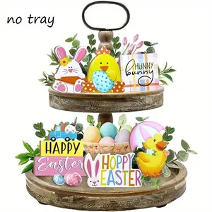 Easter Themed Tiered Tray Decoration, 6 Counts/set Wooden Happy Easter Letter & Egg & Rabbit & Basket Design Ornament, Home Decor for Living Room Bedroom