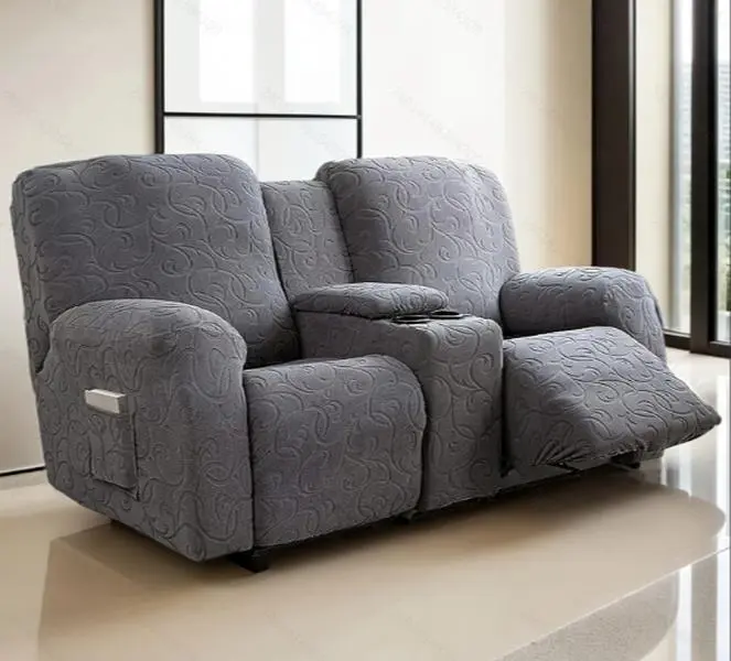 Recliner Loveseat Cover with Center Console, 2 Seater Elastic Jacquard Recliner Slipcover with Pockets, Washable Removable Cushions Protector