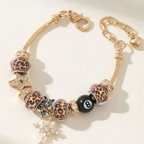Stainless Steel Zircon Adjustable Beaded Bracelet, Jewelry Bracelet, Adjustable Beaded Design, Gold Star, Black 8 Bead Charm Chain, Couple's Daily Wear, Meaningful Gift Choice, Stackable Bracelet