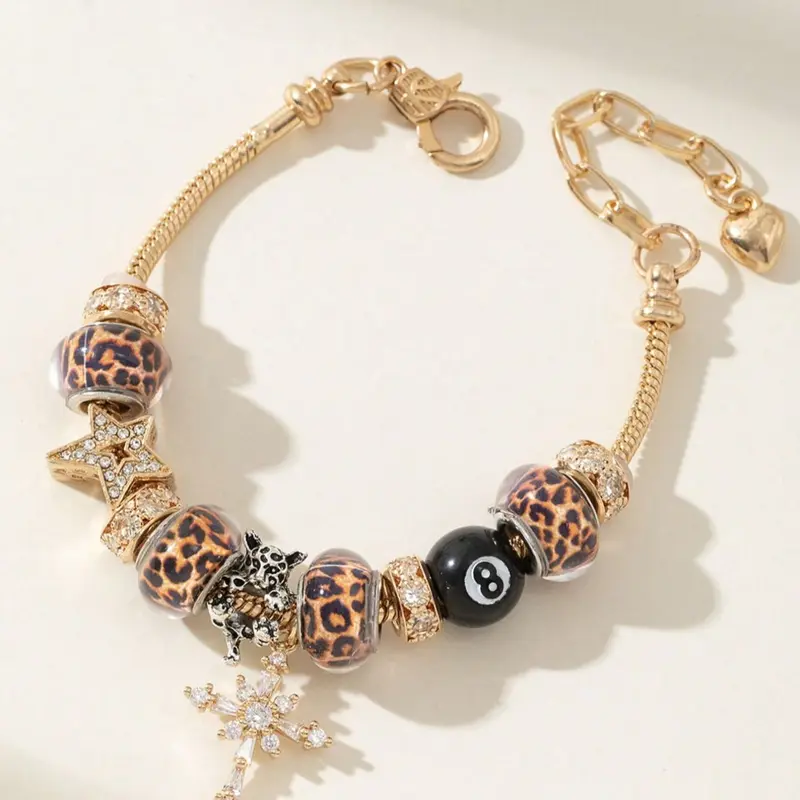 Stainless Steel Zircon Adjustable Beaded Bracelet, Jewelry Bracelet, Adjustable Beaded Design, Gold Star, Black 8 Bead Charm Chain, Couple's Daily Wear, Meaningful Gift Choice, Stackable Bracelet