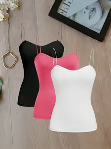 Women's Solid Color Thin Strap Halter Top, Three-Piece Slim Fit Shoulder Exposed Tank Tops, Perfect for Layering