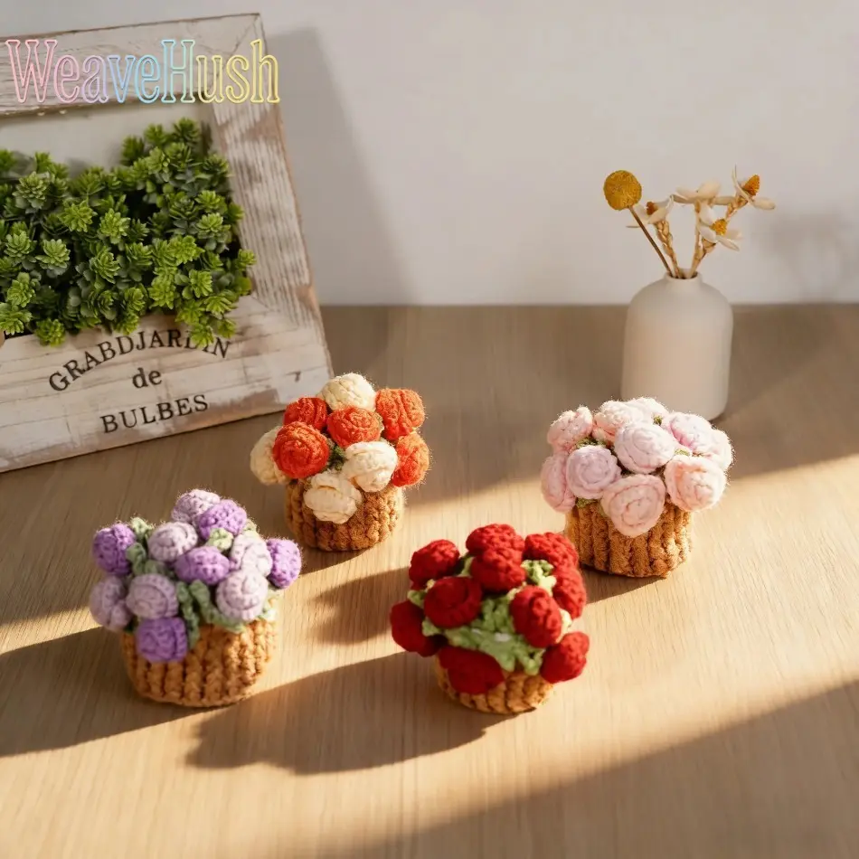Handmade Crochet Flower Coaster - Transformable Pink Flower in Purple Basket, Yarn-Knitted Room Decor, Mother's Day Gift, Table Cup Mat, Bouquet-Convertible, House Ornament, Purple + Basket, DIY Bag Accessory