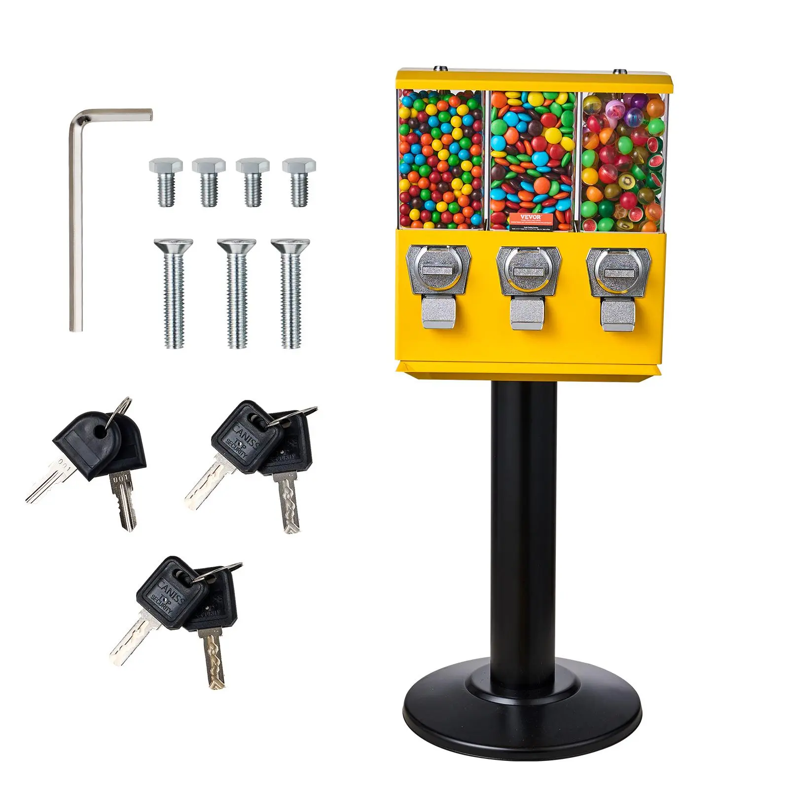 VEVOR Commercial Candy Vending Machine, 3-Compartment Triple-Jars Floor Model with Iron Stand, Anti-Theft Bucket Locks & 25 Cent Coin Operation, for Amusement Parks & Game Rooms (Gumballs, Toy Capsules, Bouncy Balls, Nuts), Yellow