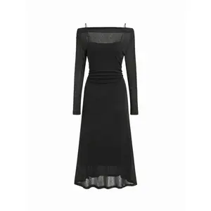 Cider Two-pieces Off-shoulder Ruched Sheer Overlay Top & Maxi Slip A-line Dress