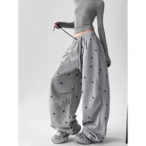 American Grey Star Print Sports Pants Women's Summer High Waist Loose Casual Sweatpants Wide Leg Workwear Trouser