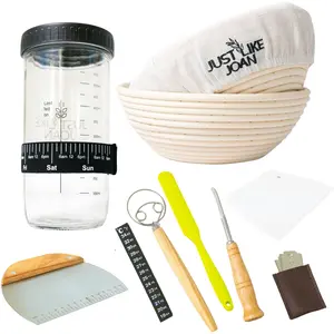 Sourdough Starter Kit – Ultimate Sourdough Kit w/ Sourdough Starter Jar & Banneton Basket- Easy Cleaning Sourdough Proofing Basket Kit- Ideal Bread Basket & Sourdough Jar Tools- Bread Lame Dough Whisk Bakeware Set Plastic Scraper Silicone Spatula