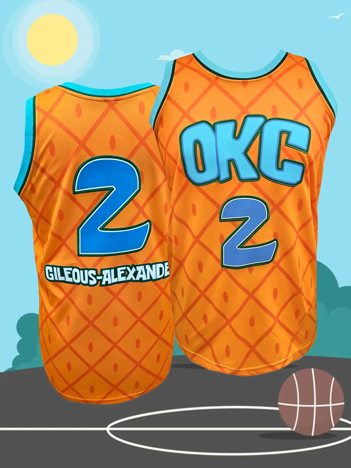 Number 2 Embroidered Basketball Jersey for Men Women, Casual Sports Jersey, Orange Pineapple Pattern Retro Sports Uniform, Breathable Sleeveless Athletic Shirt for Basketball Fans