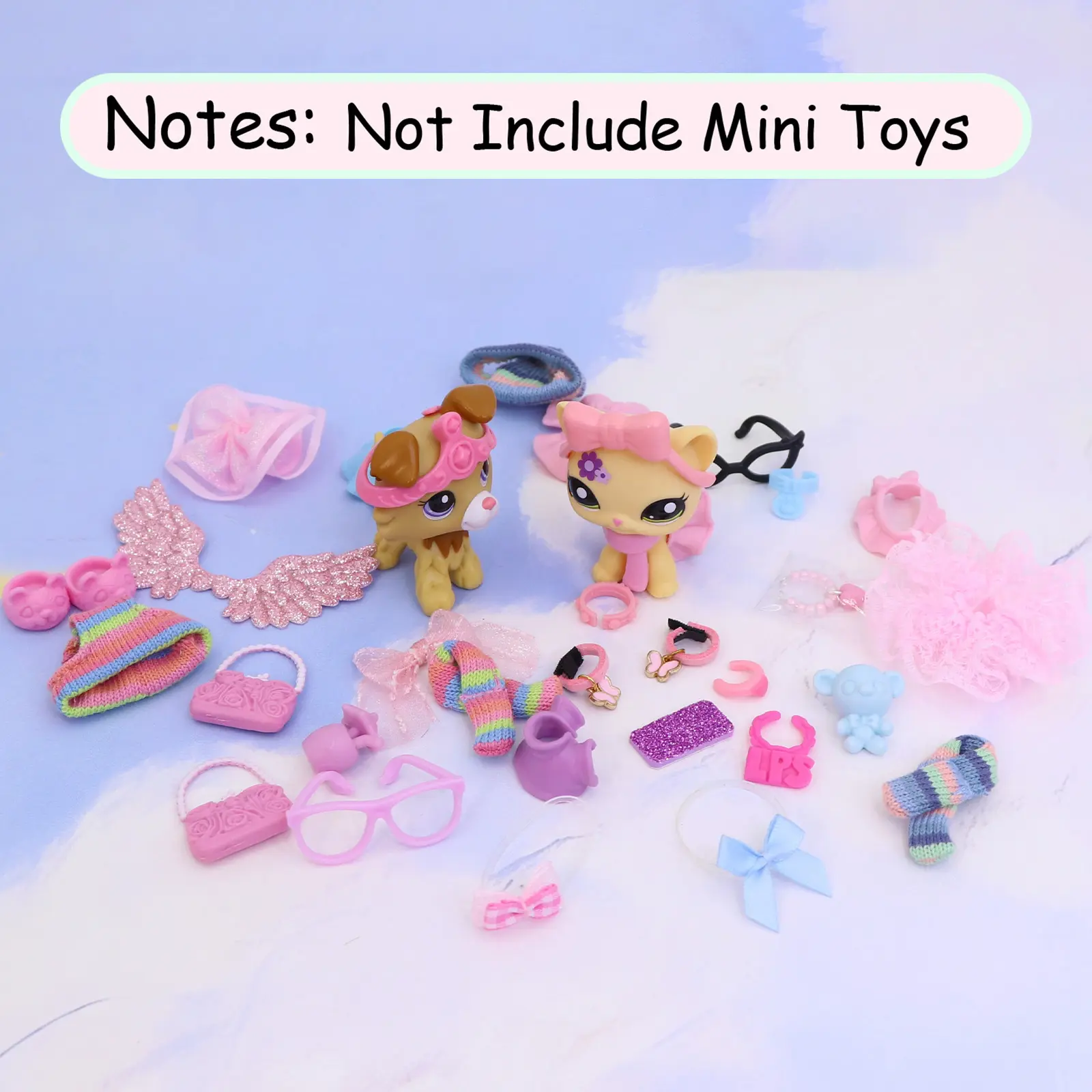 30 pcs Mini Tiny Animal Figure Dress Up Accessories Playset, Glitter Angel Wings, Rainbow Knit Hat Scarf Skirt, Cat Shoes Glasses Handbags Jewelry Hair Bows, Complete Fashion Decor Kit Pretend Play Toy Gift for Girls