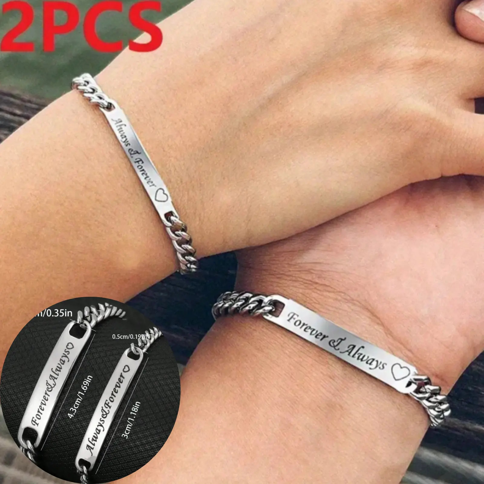 A set of two minimalist 925 sterling silver-plated couple bracelets, engraved with the word "Forever," perfect as Valentine's Day and anniversary gifts, for everyday wear, or for parties