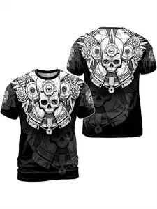 Men's Mexican Culture Aztec Maya Tribe Print T-Shirt, Short Sleeve Round Neck Casual Party Wear Fitted, Eagle Cactus Snake Patterns, Gift, Long