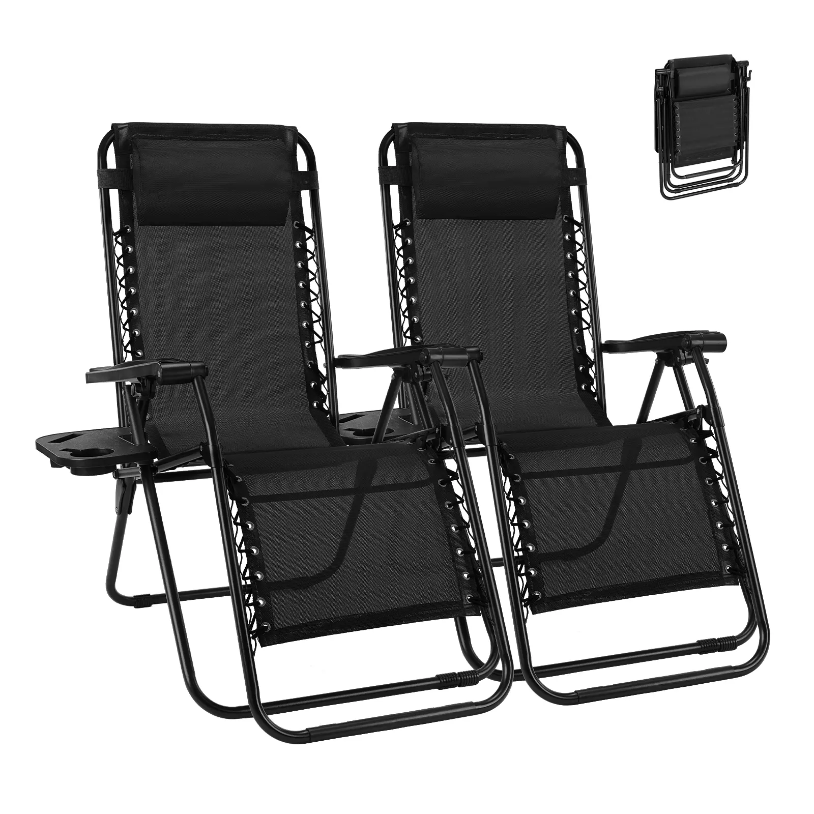 2-Pack Zero Gravity Lounge Chairs with Detachable Cup Holder Tray & Adjustable Pillow, Lightweight Folding Recliners, 300lb Capacity for Patio, Beach, Camping, Zero Gravity Lawn Chair, Portable Chaise Lounge, Reclining Beach Chair, Mesh