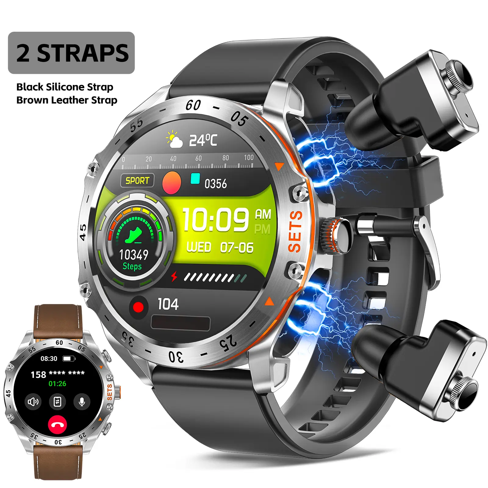 Smart Watch with Earbuds(Call Make Answer), 2 in 1 Multifunctional Smartwatches for Men, 1.52" HD Screen Digital Watch Comes with 2 Straps(Silicone & Leather)
