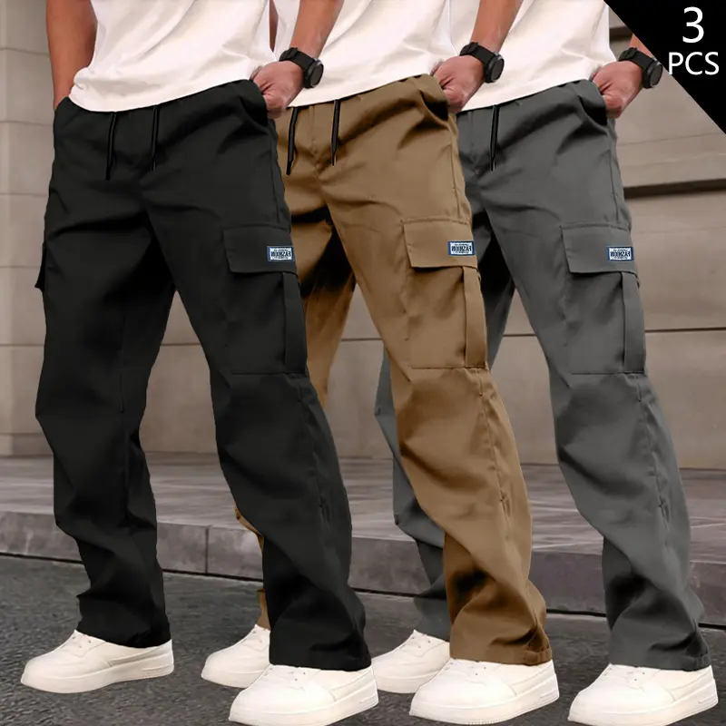 Clean Gent Men’s Cargo Jogger Pants 3-Pack, pockets, casual hip-hop style, loose fit, comfortable, stylish, skin-friendly soft breathable fabric, drawstring elastic waistband design, trendy classic style, versatile men’s bottoms for spring and autumn.