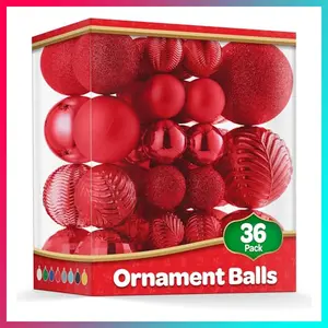 Christmas Ornaments Set of 36 - Beautiful [Red] Christmas Tree Decorations Ornaments Set - 6 Style Christmas Ball Ornaments - Shatterproof/Pre-Strung - for Holiday/Party/Decorations