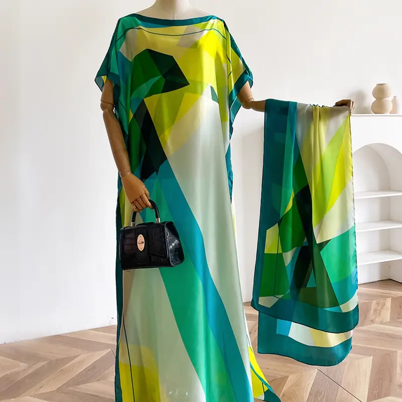 2-Piece Women's Elegant Solid Color Patchwork Printed Long Silk All Season Shawl, Lightweight Smooth Scarf, Perfect Fashion Accessory for Spring and Fall